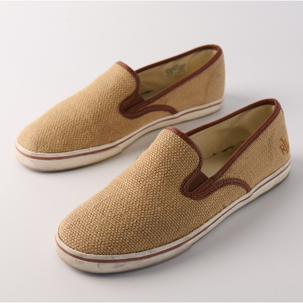 Lauren Ralph Lauren Janis Burlap Slip-On Sneakers Tan Brown Casual Preppy Sz 8.5 - Picture 2 of 11